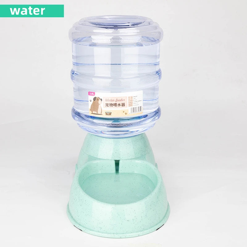 Pet water dispenser with clear container and green base on a white background