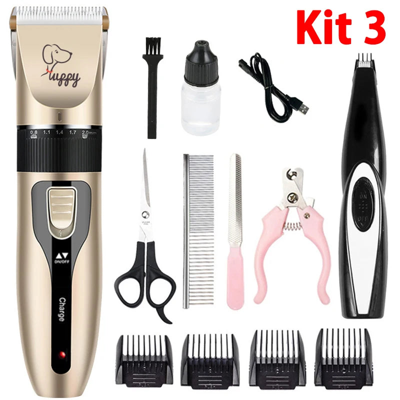 Pet grooming kit with various tools including a clipper, scissors, and nail clippers on a white background.