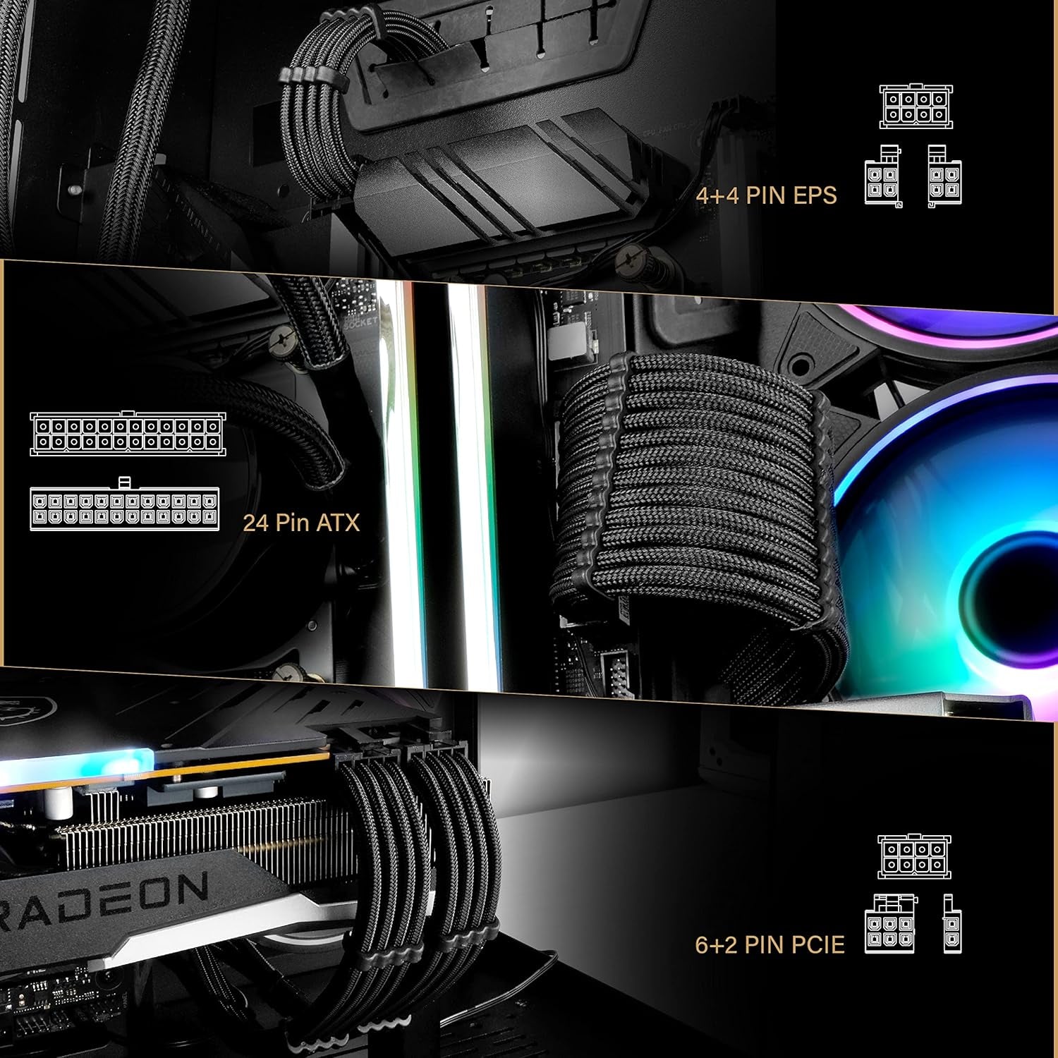 Custom Sleeved PSU Cable Extensions - Soft Nylon Braided 24PIN/8PIN to 6+2PIN/8PIN to 4+4PIN - 30CM - Black with Comb Kit