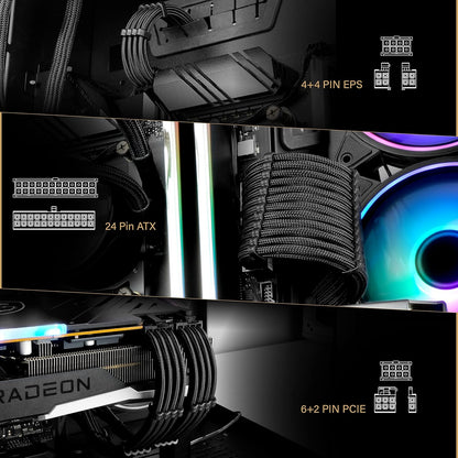 Custom Sleeved PSU Cable Extensions - Soft Nylon Braided 24PIN/8PIN to 6+2PIN/8PIN to 4+4PIN - 30CM - Black with Comb Kit