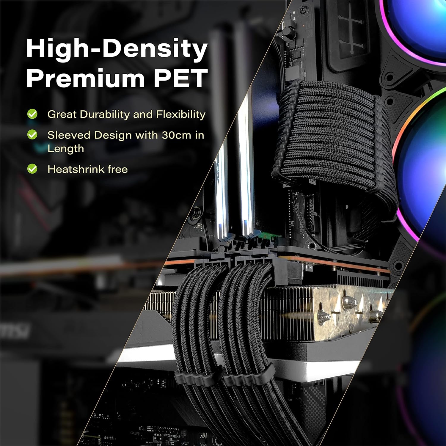Custom Sleeved PSU Cable Extensions - Soft Nylon Braided 24PIN/8PIN to 6+2PIN/8PIN to 4+4PIN - 30CM - Black with Comb Kit