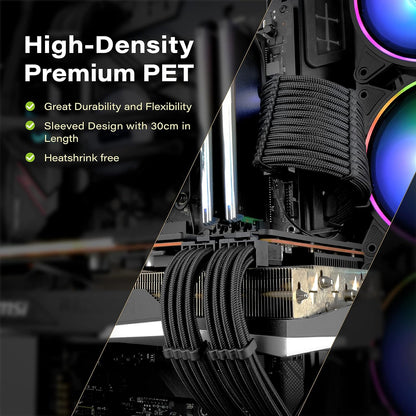 Custom Sleeved PSU Cable Extensions - Soft Nylon Braided 24PIN/8PIN to 6+2PIN/8PIN to 4+4PIN - 30CM - Black with Comb Kit