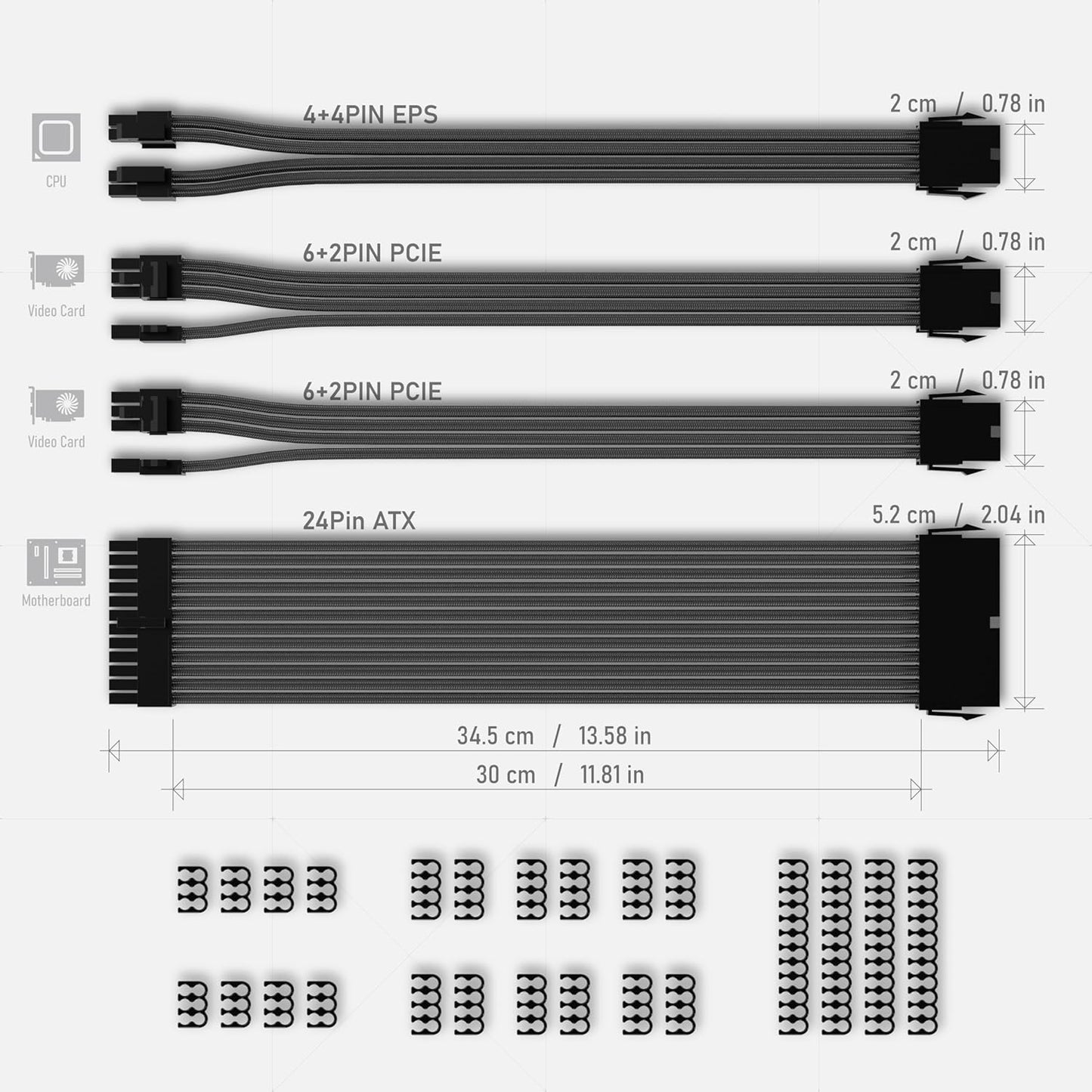 Custom Sleeved PSU Cable Extensions - Soft Nylon Braided 24PIN/8PIN to 6+2PIN/8PIN to 4+4PIN - 30CM - Black with Comb Kit
