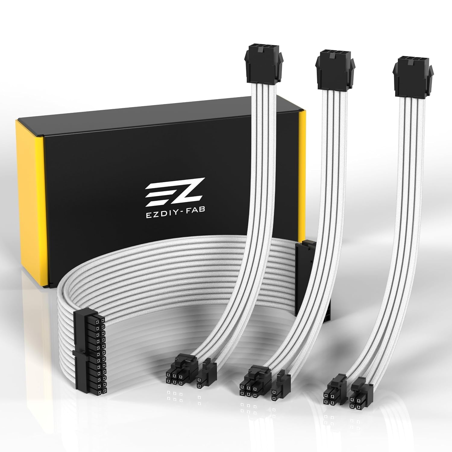 Custom PSU Extension Cable - 30CM Soft Nylon Braided Sleeved PC Power Supply Cable with Comb Kit - 24PIN/8PIN to 6+2PIN/8PIN to 4+4PIN - Stylish White