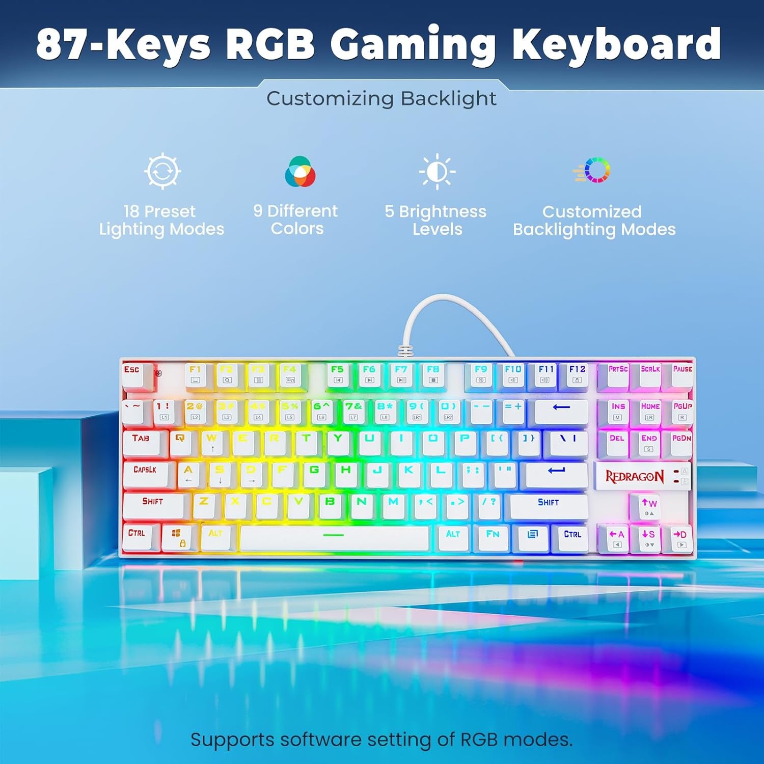 K552P RGB Mechanical Gaming Keyboard - Compact TKL Design, Hot-Swappable Red Switches, 18 Backlight Modes, N-Key Rollover & Programmable Macros - White
