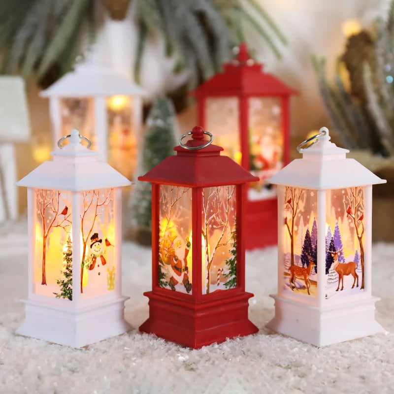Decorative lanterns with winter scenes on a blurred background