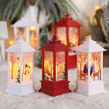 Decorative lanterns with winter scenes on a blurred background