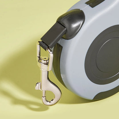 Retractable dog leash with a metallic clip on a yellow background