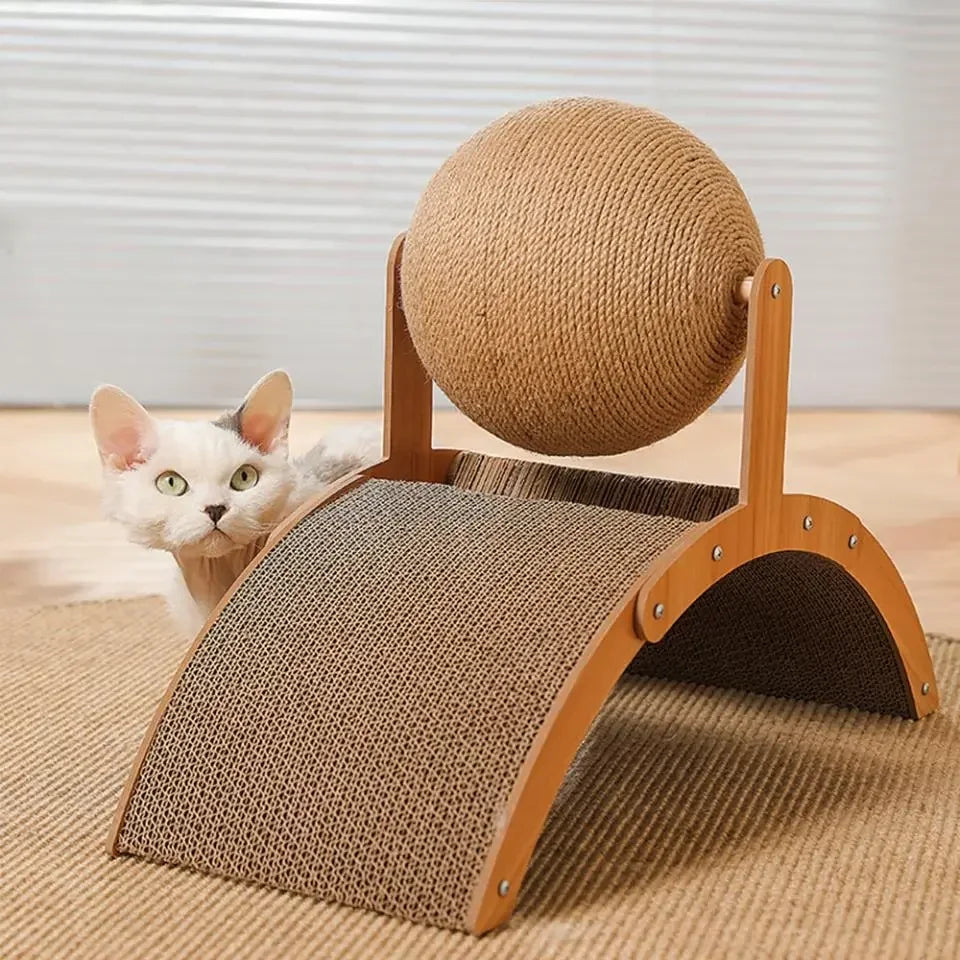 2-in-1 Cat Scratching Ball with Wooden Base – Sisal Scratch Board & Paw Grinding Toy