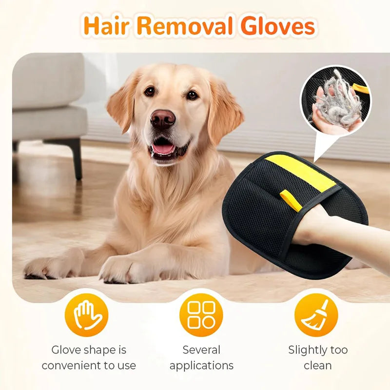 Dog with hair removal gloves and product features on a light background