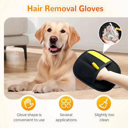 Dog with hair removal gloves and product features on a light background