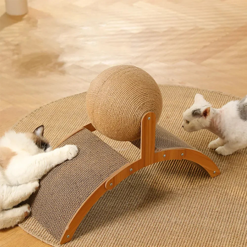 2-in-1 Cat Scratching Ball with Wooden Base – Sisal Scratch Board & Paw Grinding Toy