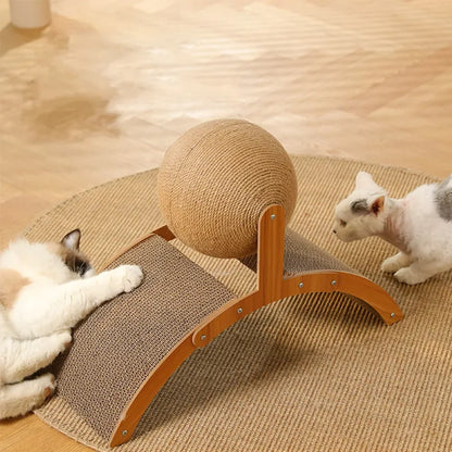 2-in-1 Cat Scratching Ball with Wooden Base – Sisal Scratch Board & Paw Grinding Toy