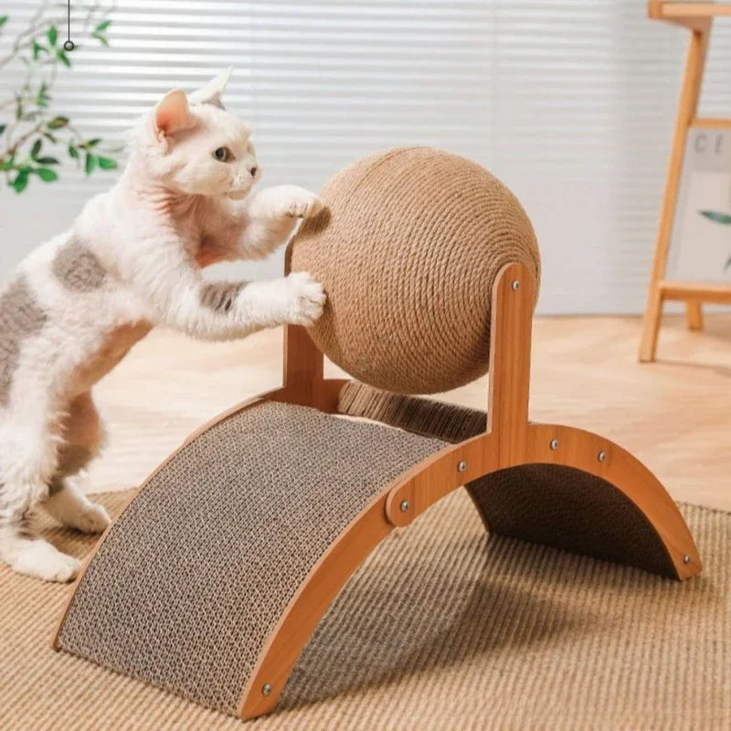 2-in-1 Cat Scratching Ball with Wooden Base – Sisal Scratch Board & Paw Grinding Toy
