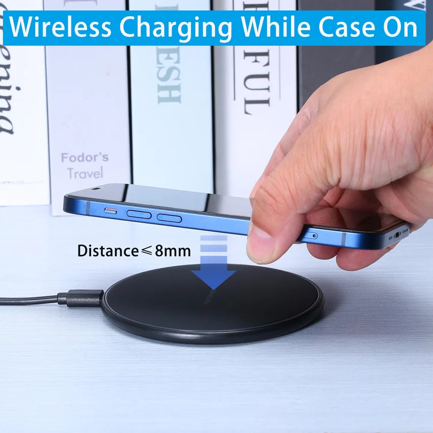 Hand placing a smartphone on a wireless charging pad with text indicating 'Wireless Charging While Case On'.