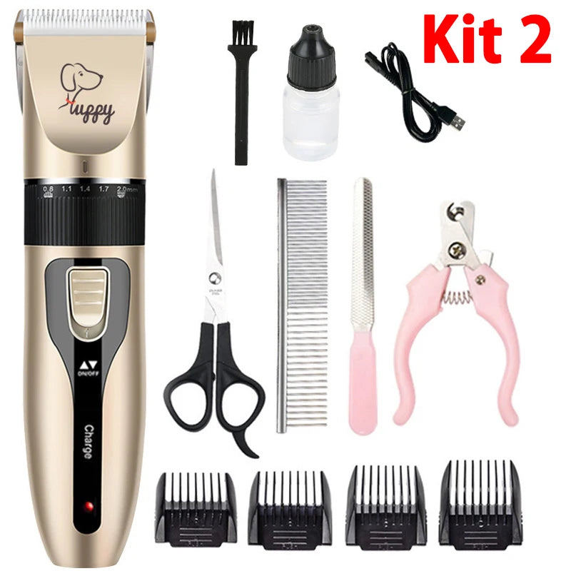 Pet grooming kit with hair trimmer, scissors, comb, nail clipper, and accessories on a white background.