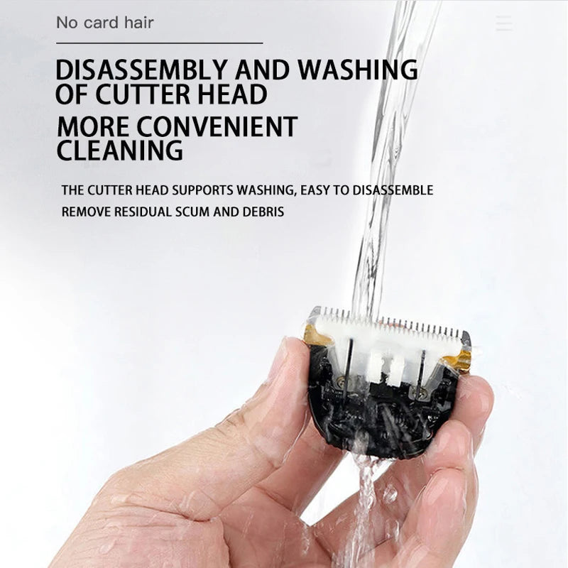 Hand holding a hair clipper head with water flowing over it, text about disassembly and cleaning.
