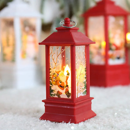 Red lantern with a Santa Claus design on a snowy background