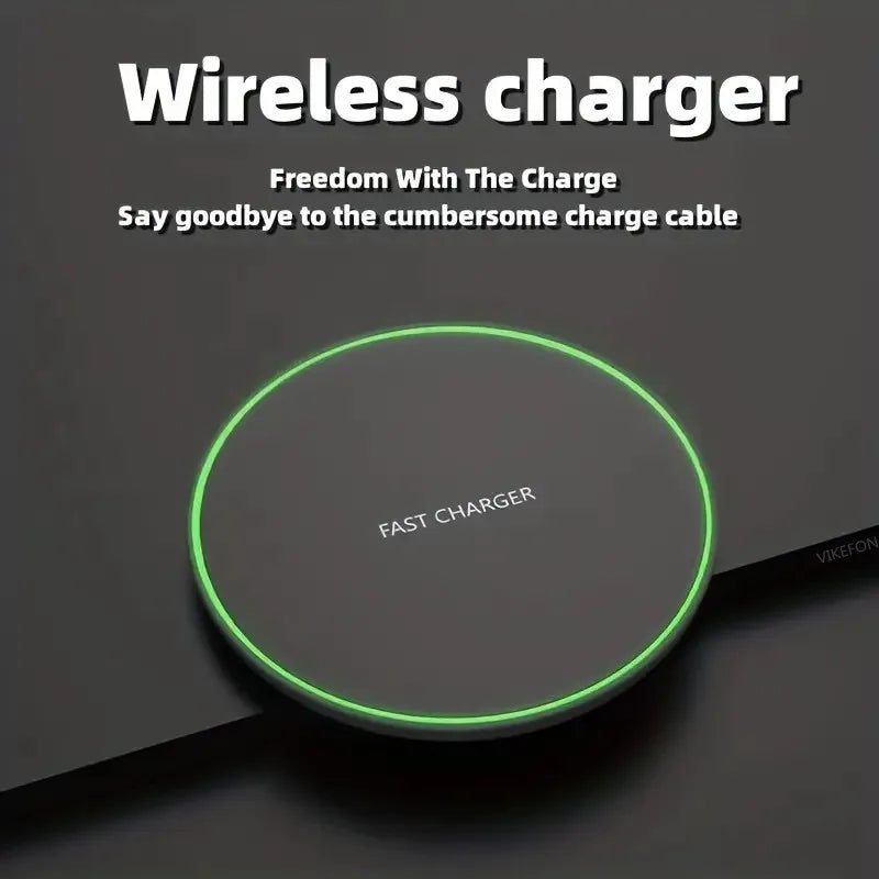 Wireless charger with green border on a dark background