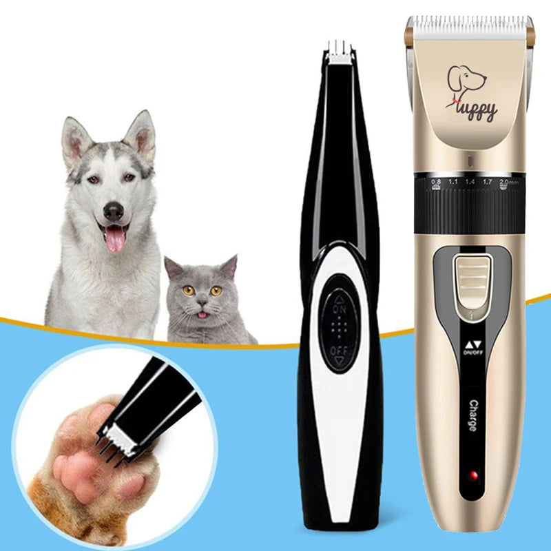 Pet grooming clippers with a dog and cat on a white background