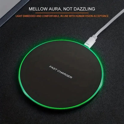 Black wireless charger with green rim on a dark background, featuring text about light and comfort.