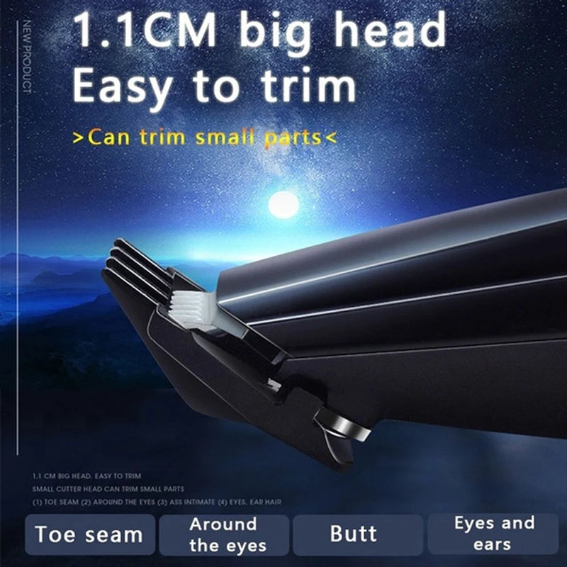 Hair trimmer with text on a dark background