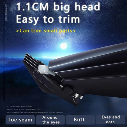 Hair trimmer with text on a dark background