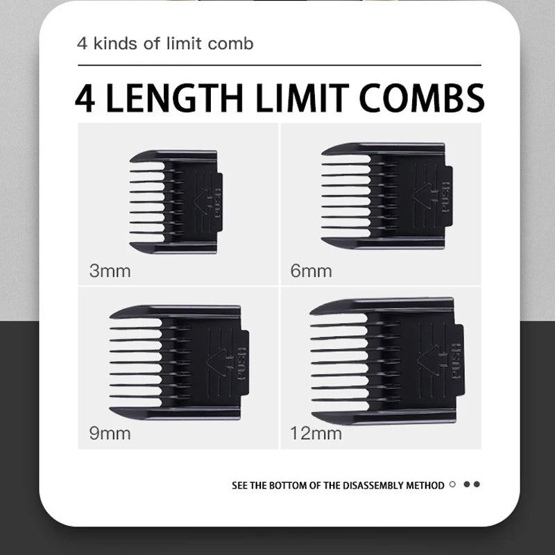 Four length limit combs with sizes 3mm, 6mm, 9mm, and 12mm on a white background.