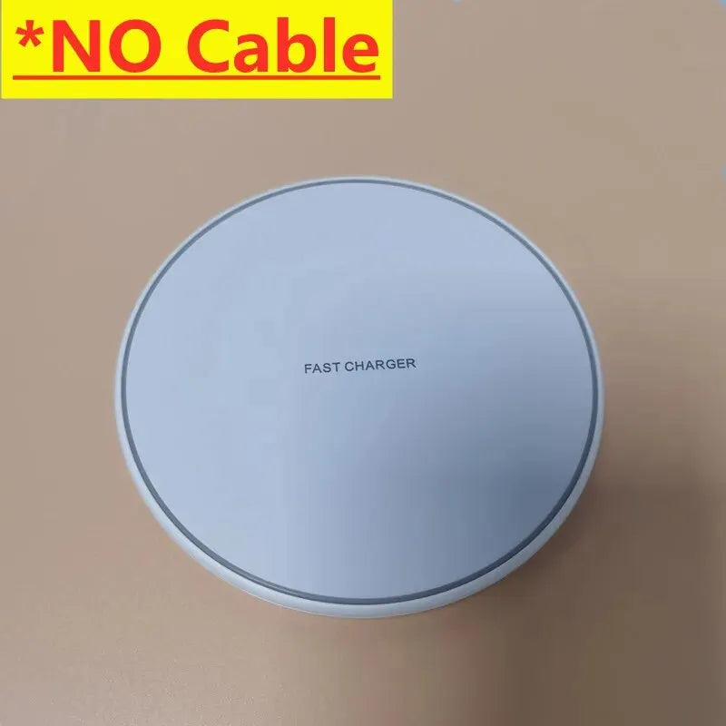 Wireless charger with 'NO Cable' text at the top on a beige background