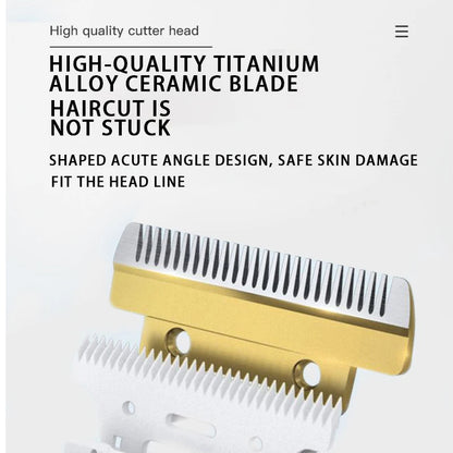 Gold and silver hair clipper blade with text on a white background