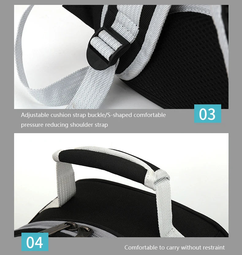 Close-up of a black and gray backpack with an adjustable strap and comfort feature, on a light gray background.