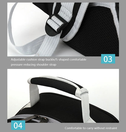 Close-up of a black and gray backpack with an adjustable strap and comfort feature, on a light gray background.