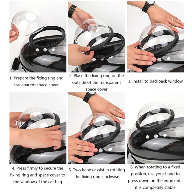 Step-by-step instructions on how to install a transparent space cover on a cat bag.