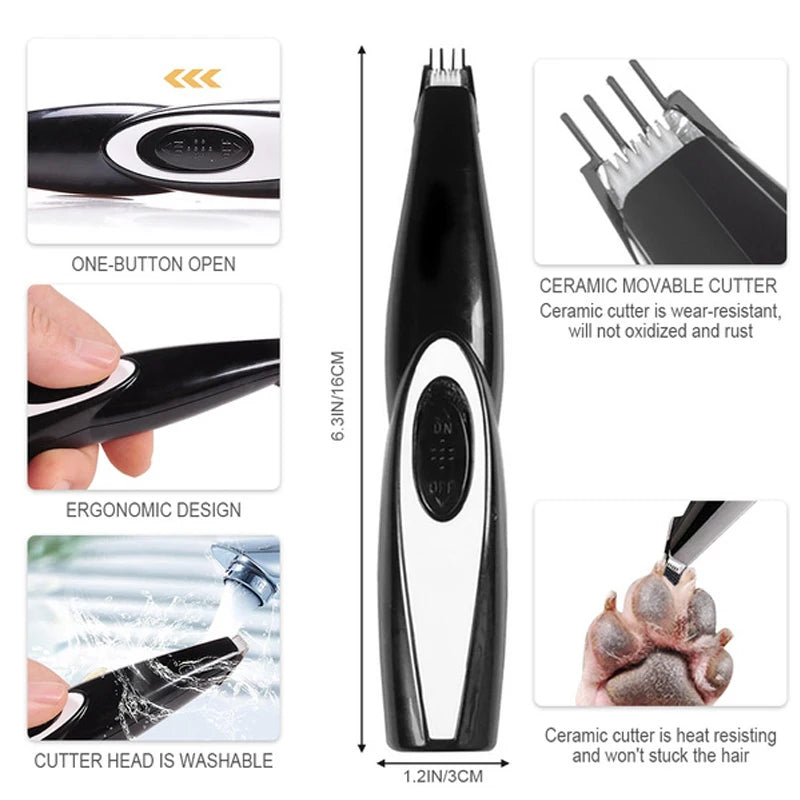 Black and silver grooming tool with features highlighted on a white background