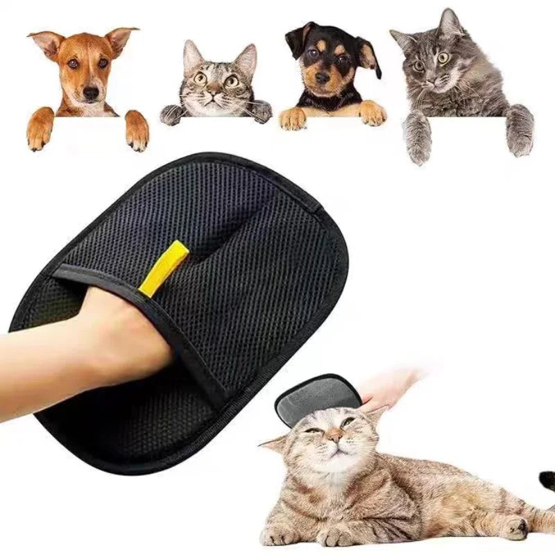 Black slipper with yellow tag worn by a person, surrounded by images of dogs and cats.