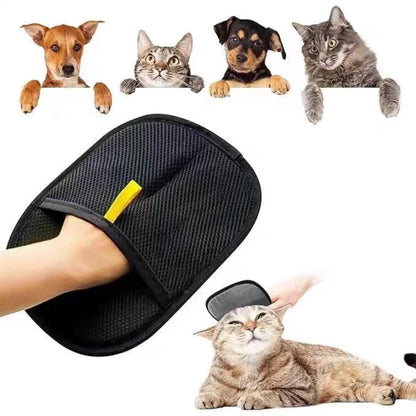 Black slipper with yellow tag worn by a person, surrounded by images of dogs and cats.