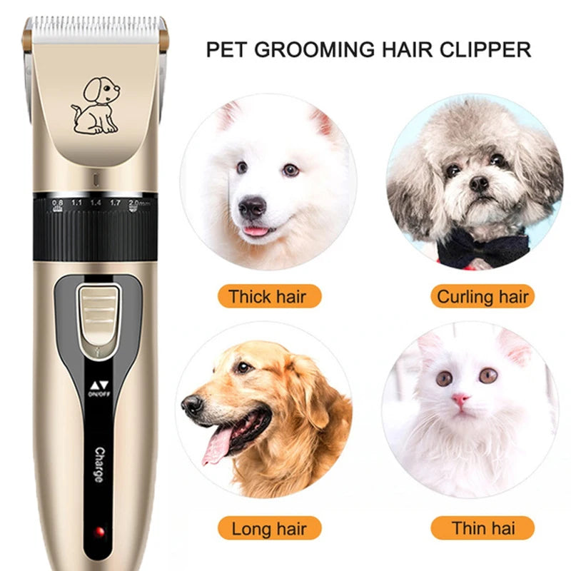 Pet grooming hair clipper with illustrations of dogs and cats on a white background