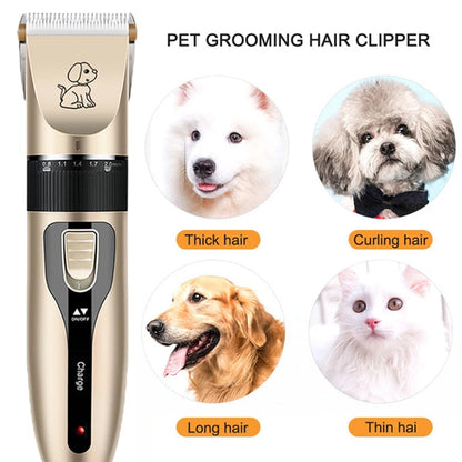 Pet grooming hair clipper with illustrations of dogs and cats on a white background