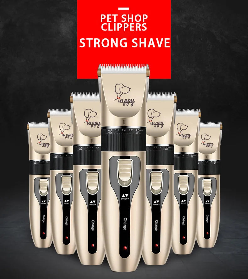 Set of pet grooming clippers with 'Puppy' branding on a dark background