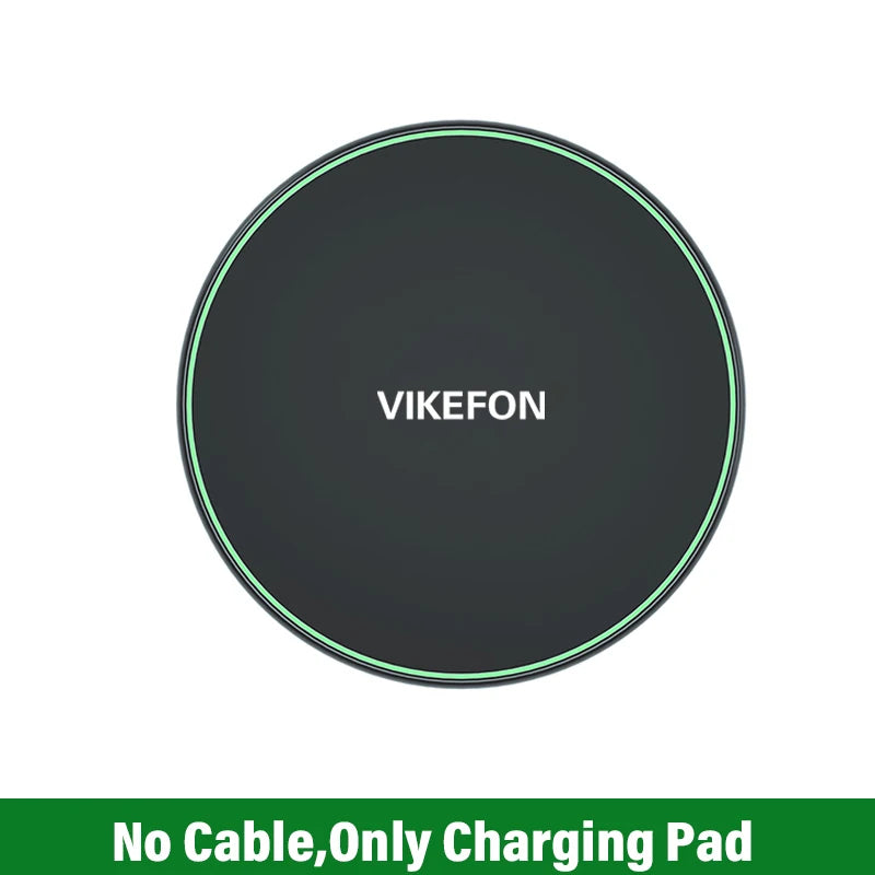 Black wireless charging pad with 'VIKEFON' branding on a white background