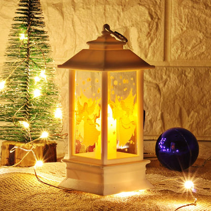 Decorative lantern with Christmas tree and lights in the background