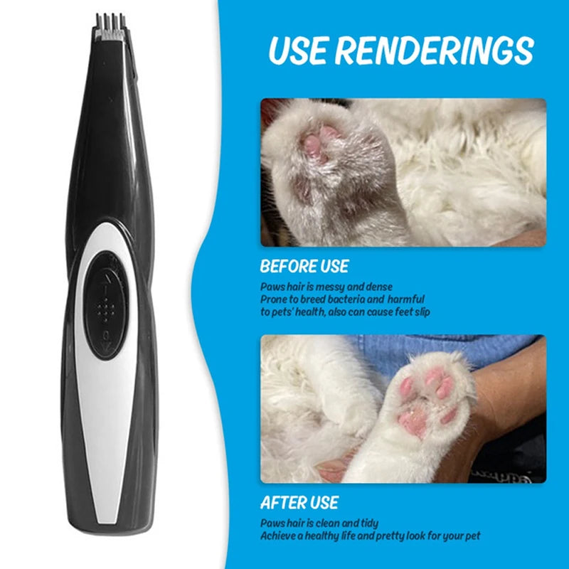 Pet grooming tool with 'Before' and 'After' images of a pet's paw on a blue background.