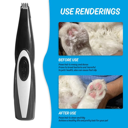 Pet grooming tool with 'Before' and 'After' images of a pet's paw on a blue background.