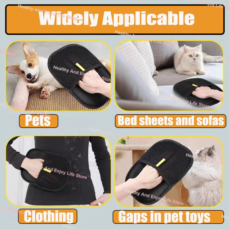 Product being used on pets, bed sheets, sofas, and clothing with text indicating its applicability.
