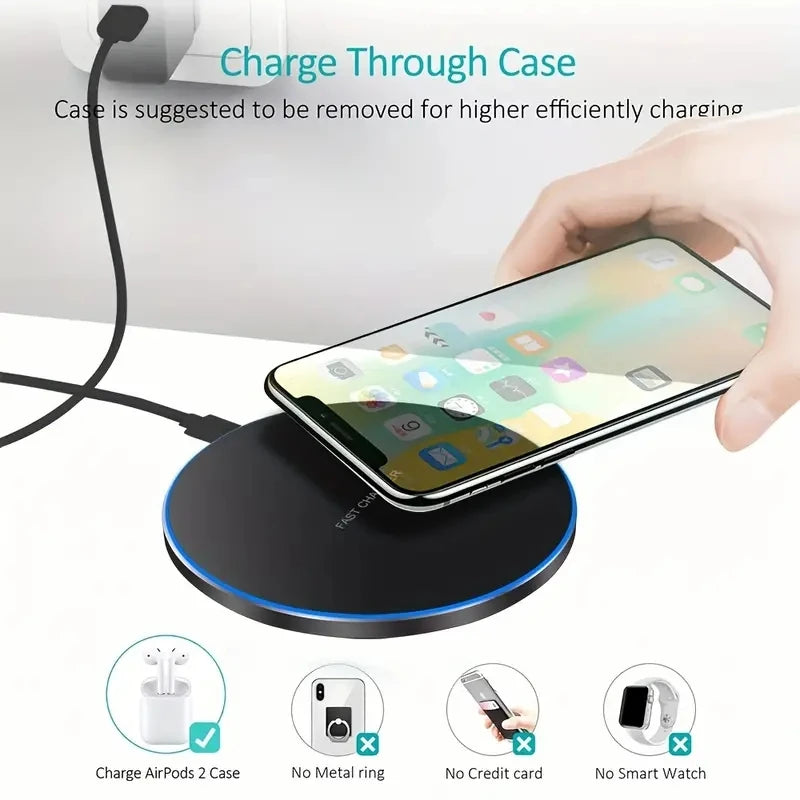 Wireless charging pad with smartphone on a white background