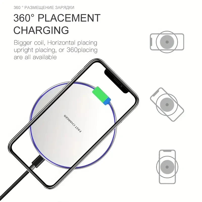 Wireless charging pad with smartphone illustration and text on 360-degree charging.