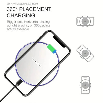 Wireless charging pad with smartphone illustration and text on 360-degree charging.