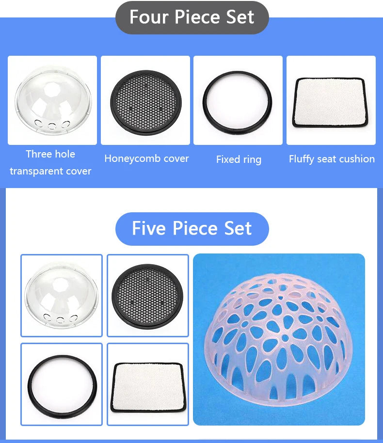 Set of plumbing parts including a three-hole cover, honeycomb cover, fixed ring, and fluffy seat cushion on a blue background.