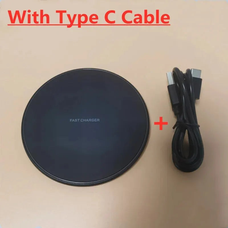 Black wireless charging pad with Type C cable on a beige background