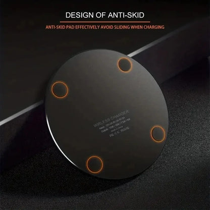 Black anti-skid wireless charger with text on a dark background